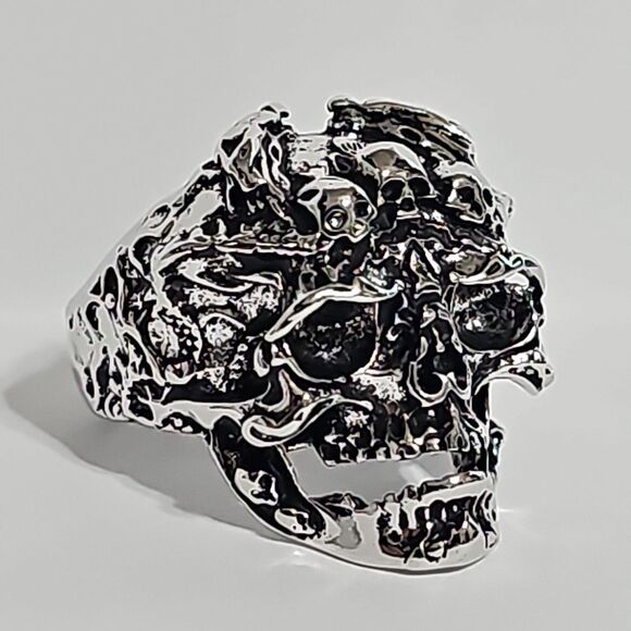 Mens Gothic Skull Ring W/ Dragon & Skull Engraving Adjustable Open Band Alloy - Picture 2 of 8